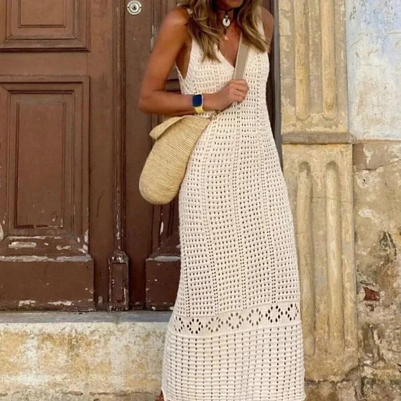 . Dresses & Skirts - Apricot Casual Women's Leisure Hollow Out Sleeveless Sweater Dress